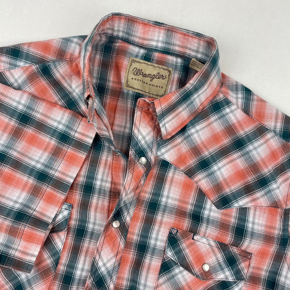 Wrangler Western Shirt Men Large Orange Plaid Pearl Snap Short Sleeve Pocket